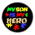 Macro detail of Autism Hero pin badge with colorful puzzle pieces and silver metal frame - Style 9 (My Hero)