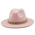 Detailed view of pink wool felt jazz hat featuring a colorful woven band and wide brim - Dusky Pink