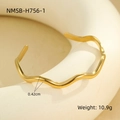 Detailed view of wave-textured golden open cuff bracelet showing width of 0.42cm and 10.9g - Gold Wave Cuff Bangle (NMSB-H756-1) / 18K Gold Plated