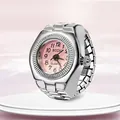 Silver alloy finger ring watch featuring a pink dial and flexible stretch band - Small Round Pink Dial