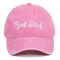 Detail of pink washed cotton baseball cap with white Bad Bitch script embroidery - Pink