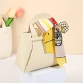 Creamy white leather wedding candy gift bag with decorative scarf on white pedestal - Creamy White (Floral Satin)