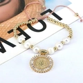 Bracciale di perle fatto a mano con medaglia religiosa in zircone e cordoncino rosa - Stile 1 (Sole Vergine Maria)
