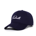 Detail of Nashville embroidery on navy blue cotton baseball cap with white script lettering - Navy Blue