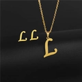 Detailed view of golden stainless steel jewelry set with letter L pendant and earrings - Letter L / Gold