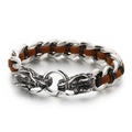 Punk dragon head bracelet with woven brown and black leather and silver steel chain - Style A Brown Leather Silver