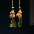 Carved wood gourd pendant with dragon patterns and green tassels for fragrance - With One Bottle of Aroma Pills / Sandalwood Gourd Dragon Style (9) / 4.1x2.6cm / Wood Color