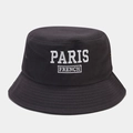 Detail of PARIS embroidery and metal eyelets on black cotton bucket hat - M (56-58cm) / Gray