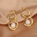 Detail of 18K gold-plated double-loop earrings with elegant freshwater pearls on satin - ER1483-A Double Ring Intertwined Pearl