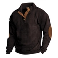 Men's dark coffee corduroy pullover jacket with brown leather elbow patches and stand collar - Coffee