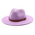 Macro detail of lavender woven straw sun hat with brown leather band and silver metal buckle - M(56-58cm) / Violet