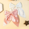 Set of two satin bow hair clips in pink and white with silver rhinestones and long ribbons - Combination 9 (White/Pink Satin Rhinestone Set)