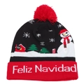 Detail of Christmas knit hat with colorful LED lights and Feliz Navidad embroidery - Feliz Navidad Black Red