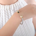 Silver cable twist open cuff bracelet with gold accents and blue sapphire zircon ends - Z235-Deep Blue Zirconia Double Layer