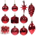 Red Christmas tree ornaments set including stars, pine cones and textured round baubles - Red