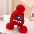 Red knit dinosaur hat for kids with three large plush pom-poms and ear protection - Triple Pompom Dinosaur Ear Flap Red