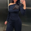 Elegant navy blue off-shoulder long sleeve top in elastic pleated fabric texture - S / Navy Blue