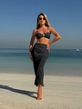 Black three-piece vacation bikini set with ruched high-waist skirt and gold buckle detail - S / Black