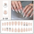 French almond press-on nails with 3D silver bows, white tips, and pearls decoration - French Silver Bowknot Artificial Pearl Style (D-159) / 24 Pcs/Set