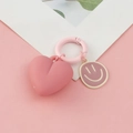 Pink heart keychain with cartoon smiley face pendant and matte finish metal ring - Heart Smiley Face / Pink