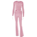 Detail view of pink ribbed knit texture on the hooded crop top and high waist pants - S / Top And Bottom / Pink