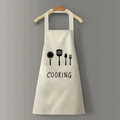 Beige waterproof kitchen apron with large front pocket and cooking print on grey wall - Regular Grey-White (Cutlery Print)