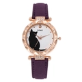 Close-up of a rose gold quartz watch with a cat pattern dial and sparkling rhinestones - Purple Watch Only
