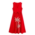 Rode mouwloze maxi-jurk met V-hals, kokosnotenboom borduursel en ceintuur in de taille - XS / Rood