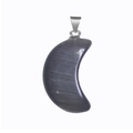 Dark grey crescent moon crystal pendant with silver bail and cat's eye silk luster - Black Cat's Eye