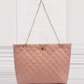 Pink quilted tote bag with diamond stitching and golden chain strap in a minimal style - Pink
