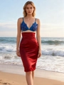 Haut à fleurs perlées bleu roi et jupe longue en satin rouge à taille haute - M / Rouge