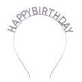 Detail of happy birthday headband with sparkling purple rhinestones on a metal band - Silver with Purple Rhinestone