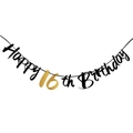 Elegant Happy 16th Birthday banner in black and gold for party wall decoration - 16th Birthday Glitter Style / Black Gold