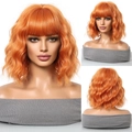 Short orange wavy bob wig with flat bangs shown from front side and back views - Orange