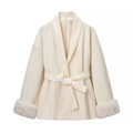 Detail view of cream white coat featuring waist tie belt and faux fur trim on sleeves - S / Milky White