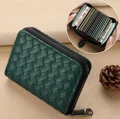 Green woven leather card wallet with zip closure and multi-slot accordion interior - 18 Card Slots + 2 Coin Slots / Dark Green