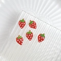 Five miniature red resin strawberry nail charms with green leaves on acrylic base - Fruit Strawberry