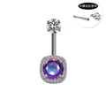 Vue détaillée du piercing de nombril à filetage interne avec cristal violet et zircon - Pierre de Couleur Carrée