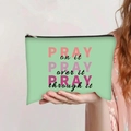 Pochette de maquillage en toile vert clair avec imprimé PRAY et zip noir - Style Slogan Inspirant Vert(jiayingpbb0413)