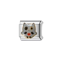 Close-up of silver stainless steel charm featuring a cartoon owl with a red heart - Owl Design (Y38) / Gray