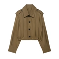 Giacca corta kaki da donna alla moda con maniche a pieghe e dettagli con bottoni - Taglia S / Top / Khaki scuro