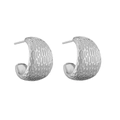 Macro view of C-shaped textured silver hoop earrings with irregular hammered metal finish - Silver Wide Stripe C-shape