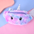 Unicorn plush waist bag with pink purple blue gradient fur and glitter horn detail - Purple with Round Eyes