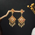 Bohemian gold tassel earrings with colorful rhinestones on rustic wood branch - Gold Multicolor Rhinestone Rhombus