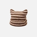 Close-up of thick brown and cream striped knit fabric with handmade crochet texture - Coffee+Beige