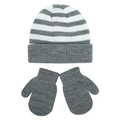Kids grey and white striped knit beanie hat and matching mittens winter warming set - S / Mittens Style / Grey and White Stripes