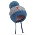 Navy blue and grey knit winter hat for kids with fluffy pompom and cozy fleece lining - One Size / Gray