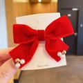 Red velvet bow hair clip with pearls and gold beads for girls New Year hair accessory - Style 8: Single Duckbill Clip
