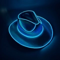 Detail of blue LED EL wire glowing on black textured western style cowboy party hat - Adult Wireless-Blue