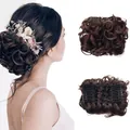 Detail of dark brown wavy synthetic hair bun showing side combs and mesh structure - 4# (Dark Brown)